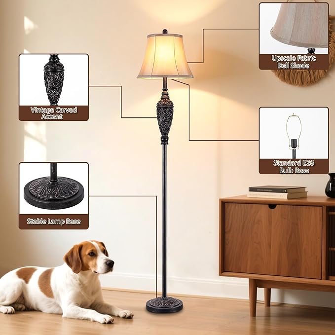 65’’ Vintage Floor Lamp for Living Room, Traditional Standing Lamp with Carved Resin Base and Foot Switch, Classic Farmhouse Tall Pole Lamp, Bedroom, Office, Bronze Finish