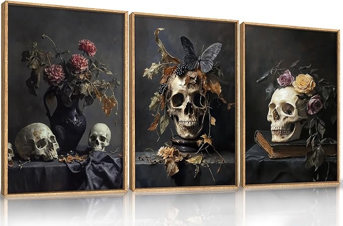 Large Vintage Skull Halloween Floral Framed Canvas Wall Art Set, Abstract Skeleton Butterfly Wall Decor,Moody Dark Rose Artwork for Living Room,Bedroom,Dining Room,Office -16"x24"x3