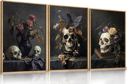 Large Vintage Skull Halloween Floral Framed Canvas Wall Art Set, Abstract Skeleton Butterfly Wall Decor,Moody Dark Rose Artwork for Living Room,Bedroom,Dining Room,Office -16"x24"x3