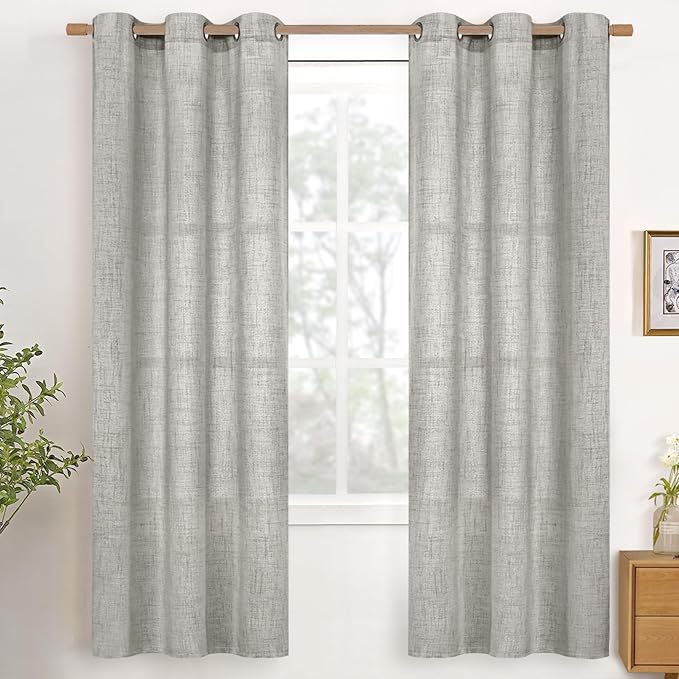 YoungsTex Dark Grey Linen Curtains 72 Inch Length for Bedroom, Linen Textured Semi Sheer Drapes with Bronze Grommet Light Filtering for Living Room Dining, 2 Panels, 42 X 72 Inch