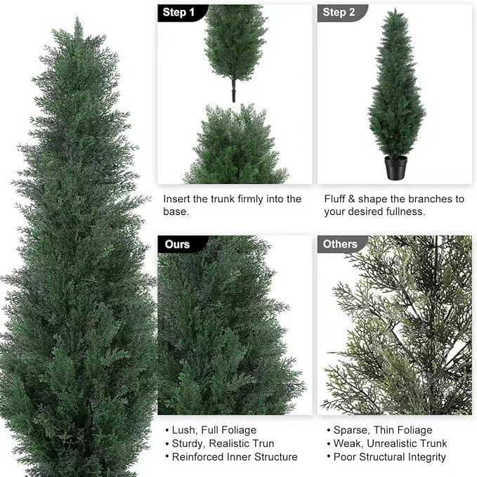 4FT Artificial Cedar Tree - Realistic Faux Cedar Trees for Outdoor Planters - Fake Cypress Trees for Front Porch - Faux Evergreen Plants for Home Porch Decor - Set of 2