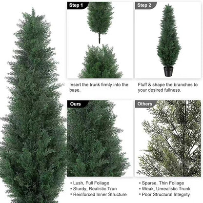 4FT Artificial Cedar Tree - Realistic Faux Cedar Trees for Outdoor Planters - Fake Cypress Trees for Front Porch - Faux Evergreen Plants for Home Porch Decor - Set of 2