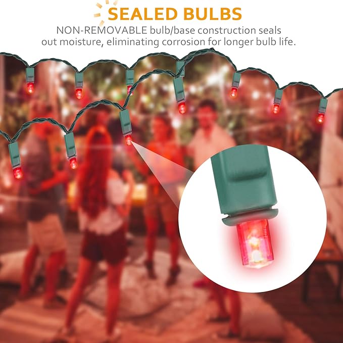 LED Christmas Lights 50 Counts, LED Christmas Light Seamless for Outdoor and Indoor, Commercial Lighting Grade, Red Light, Green Wire, 25 Feet, UL Listed