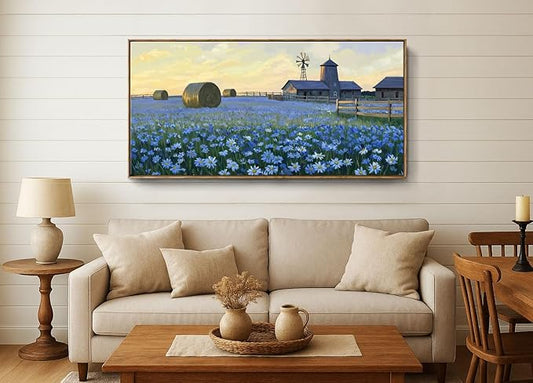 ARTZON Large Framed Wall Art for Living Room Farmhouse Blue Flower Barn Picture Country Sunset Floral Wildflower Landscape Canvas Print Nature Rustic Horizontal Artwork Bedroom Office Decor 48"×24"