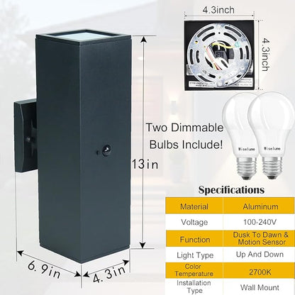 Motion Sensor Outdoor Wall Lights, Dusk to Dawn Porch & Patio Sconce with E26 Dimmable LED Bulbs, Black Aluminum Up & Down Exterior Lights for Garage, Garden, Front Door, ETL Listed