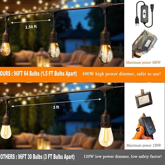 100FT LED Outdoor String Lights with 60+4 Waterproof Bulbs(𝟏.𝟓𝐅𝐓 𝐁𝐮𝐥𝐛𝐥𝐬 𝐒𝐩𝐚𝐜𝐢𝐧𝐠), Remote & Dimmer, Commercial Grade Patio Lights with 3 Mode Light & Timing, 100PC Ties