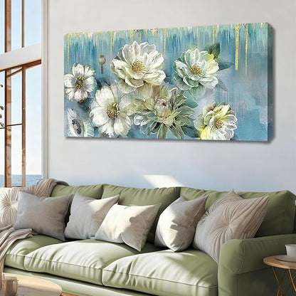 Ardemy Floral Canvas Wall Art Extra Large Magnolia White Flowers Pictures Wall Decor Teal Textured Paintings Modern Turquoise Artwork for Living Room Bedroom Dinning Room Home Office, 58"x29"