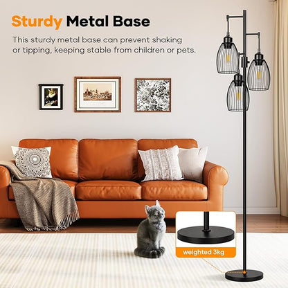 Dimmable Floor Lamp, 3 x 800LM LED Edison Bulbs Included, Farmhouse Industrial Floor Lamp Standing Tree Lamp with Elegant Teardrop Cage Tall Lamps for Living Room Bedroom Office Dining Room-Black