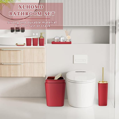 Bathroom Set – Burgundy Bathroom Accessories with Ombre Shower Curtain, Bathroom Accessories Set with Trash Can Soap Dispenser Soap Dish for Home