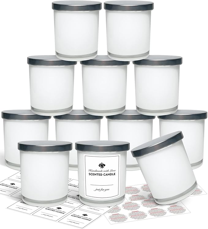 12 Pack 10oz Glass Candle Jars with Lids and Sticky Labels, Empty Candle Jars for Making Candles Bulk Containers(Inner White)