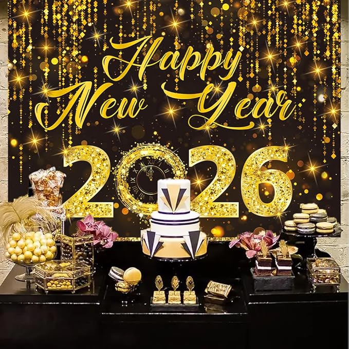 2026 Happy New Year Backdrop Black Gold New Years Eve Photography Background Gold Glitter Backdrop for 2026 New Year Party Decorations (8x6FT（240x180cm）)