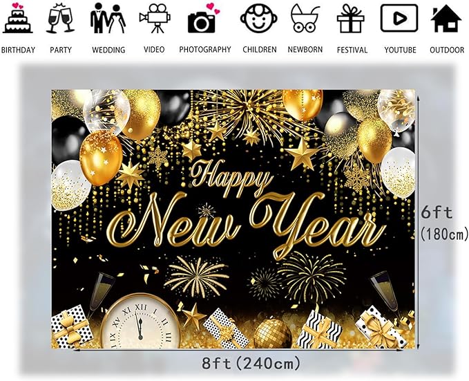 LTLYH 8x6ft Happy New Year Eve Backdrop 2026 New Year Banner Decorations Background New Years NYE Dec Holiday Gatherings Portrait Photo Booth Prop