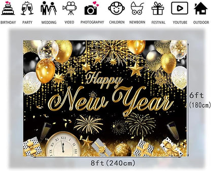 LTLYH 8x6ft Happy New Year Eve Backdrop 2026 New Year Banner Decorations Background New Years NYE Dec Holiday Gatherings Portrait Photo Booth Prop