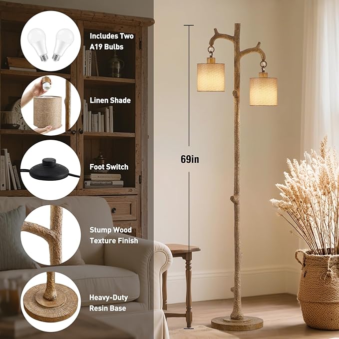 Floor Lamp for Living Room - 69" Rustic Farmhouse Tree Trunk Tall Lamp - Country Resin Vintage Reading Light Standing Lamps for Bedroom Office Classroom kid Room Home Decor (2 Reading Light, Brown)