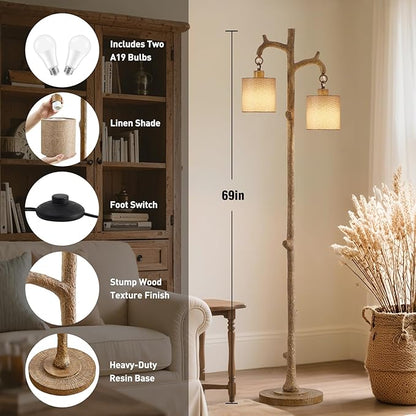 Rustic Floor Lamp for Living Room - Newly Upgraded Heavy-Duty Resin Base Farmhouse Floor Lamp with 2 Country Vintage Reading Light - Standing Lamps for Bedroom Office Home Decor (Brown, 2 Bulbs)