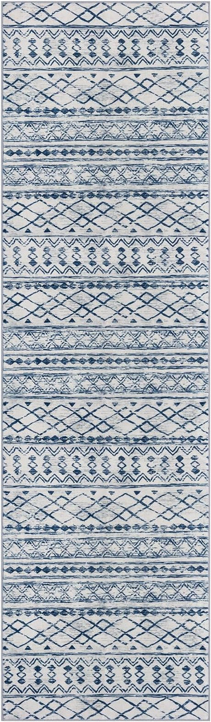 KUTA Moroccan Washable Hallway Runner Rug, 2x8 Non-Slip Vintage Blue White Boho Kitchen Rugs Ultra Soft Print Distressed Geometric Floor Carpet Runners for Bedroom Laundry Living Room