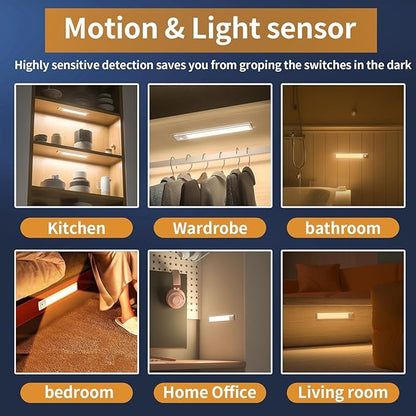 Motion Sensor Under Cabinet Lighting-Magnetic Rechargeable Closet Lights for Kitchen,Stairs,Wardrobe | 3-Color Dimmable LED Under Counter Lighting | Cord-Free Light Bars (12inch-2Pack)