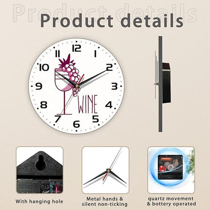 Wine Cup with Grapes Wall Clocks Wooden Wall Clock Art Hanging Clocks Silent Non-Ticking Wall Clock Battery Operated Round Home Arabic Numeral Decorative Wall Clocks 10 Inch