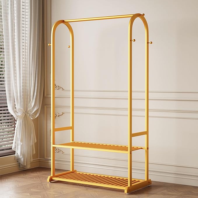 Gold Clothing Rack,Heavy duty clothes rack with 2-tier Bottom Shelves, Garment Rack with 6 Side Hooks for Hanging Clothes, Coats, Shirts (gold, 31.5in)