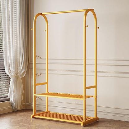 Gold Clothing Rack,Heavy duty clothes rack with 2-tier Bottom Shelves, Garment Rack with 6 Side Hooks for Hanging Clothes, Coats, Shirts (gold, 31.5in)