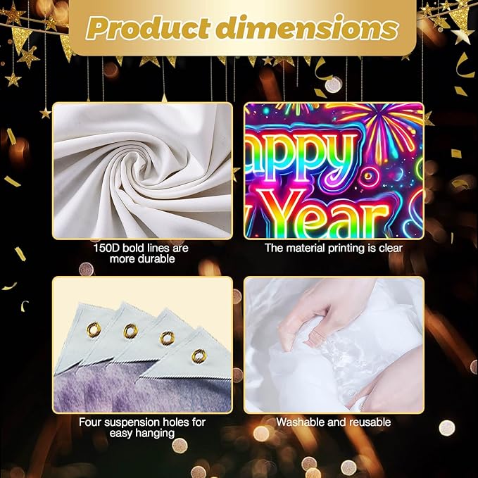 Happy New Year Backdrop 71x43 Inch Neon Style Party Banner Colorful Fireworks Balloons Candles Gift Box Design Large New Year Eve Photo Booth Background Wall Decor