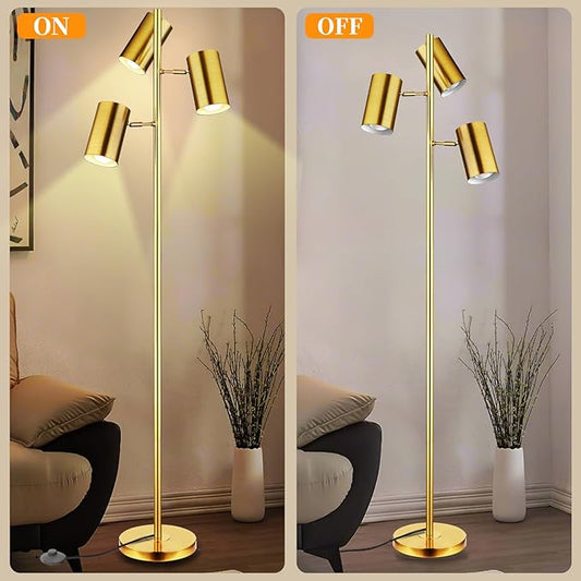 Tree Floor Lamp with 3 Light Bulbs,Gold Standing Tall Pole Lamp with 3 Adjustable Rotating Lights,Farmhouse Floor Lamp for Living Room Bedroom Office,Vintage Standing Lamp 9W E26 LED Bulbs Included