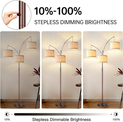 Dimmable Floor Lamp, 3 Lights Brown Arc Floor Lamps for Living Room, Modern Tall Standing Tree Lamp with Beige Linen Shade & Heavy Base, Large Floor Lamp for Bedroom Office, 3x1000 LM Bulbs Included