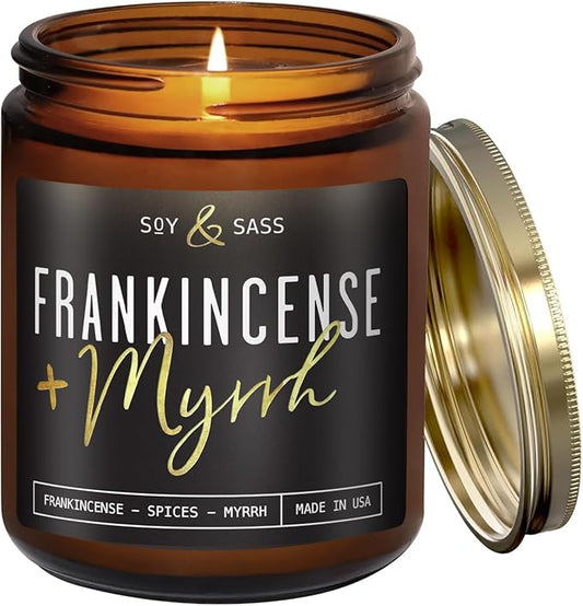 Frankincense and Myrrh Candle, Christmas Candles Scented - w/Spices, Frankincense & Myrrh - Infused with Essential Oils I Frankincense Candle I 9oz, 50Hr, Made in USA