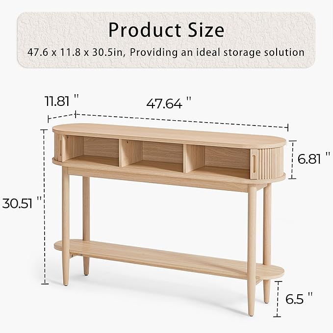 LINSY Fluted Console Table with Storage, Entryway Table Wood Entrance Tables for Front Door, Behind Couch Sofa Table with Shelves, Foyer Tables for Hallways, Living Room Boho Furniture, Light Wood