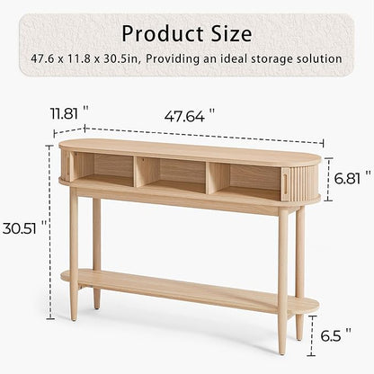 LINSY Fluted Console Table with Storage, Entryway Table Wood Entrance Tables for Front Door, Behind Couch Sofa Table with Shelves, Foyer Tables for Hallways, Living Room Boho Furniture, Light Wood