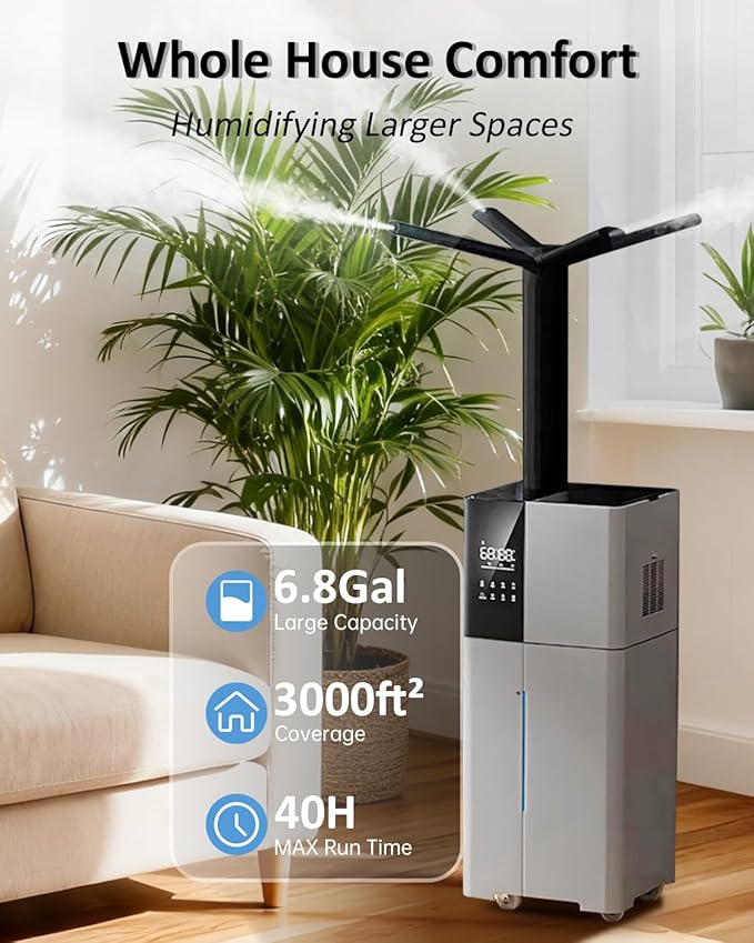 Humidifier Large Room,26L/6.8Gal Whole House Humidifiers for Bedroom Home 3000 sq.ft,1800ml/H,Commercial and Industrial Humidifiers with 360° Nozzle & Extension Tube,Top Fill,Gray