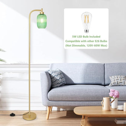Glass Floor Lamp for Living Room, Modern Gold Standing Lamp with LED Bulb, Green Stripe Glass Shade, Foot Switch, Vintage Brass Tall Lamp, Minimalist Corner Pole Lamp for Bedroom Office