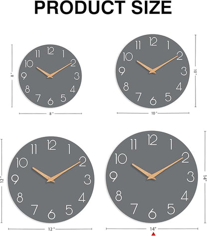 Wall Clock, 14 Inch Wooden Silent Non-Ticking, Decorative Battery Operated Wall Clocks for Bedroom, Kitchen, Home, Living Room, Office, School, Hotel (Gray)