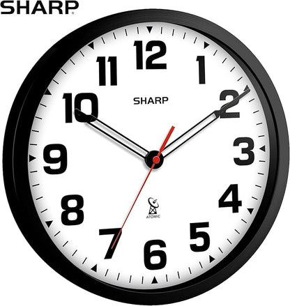 Sharp Atomic Analog Wall Clock - 12" Black Stylish Frame - Sets Automatically- Battery Operated - Easy to Read - Easy to Use – Modern Design and Style