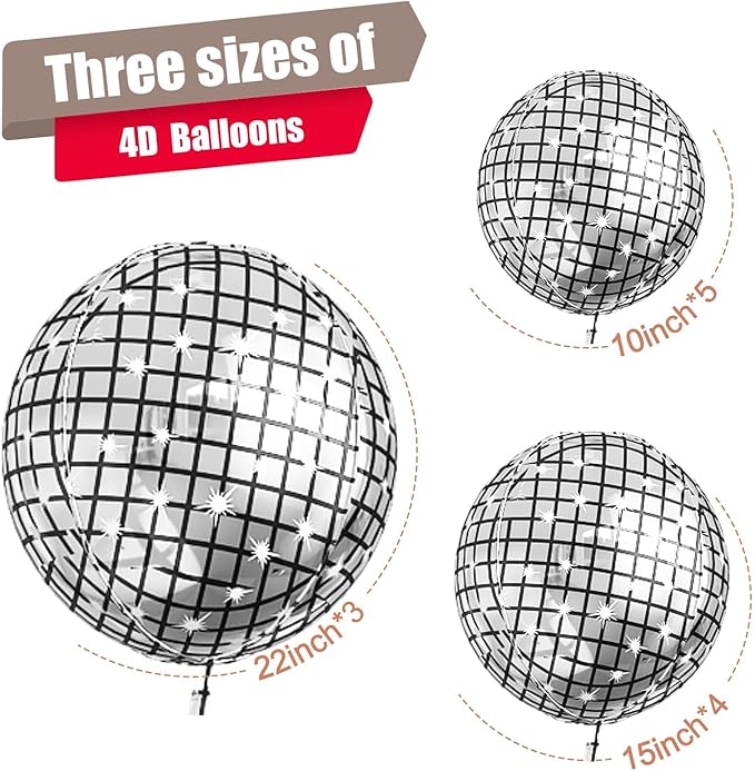 12Pcs Disco Ball Balloons, 22" 15" 10" 4D Aluminum Foil Balloons, Metallic Silver Disco Balloon for Birthday Bachelorette Disco 70s 80s 90s Themed Graduation New Year Eve Prom Party Decorations