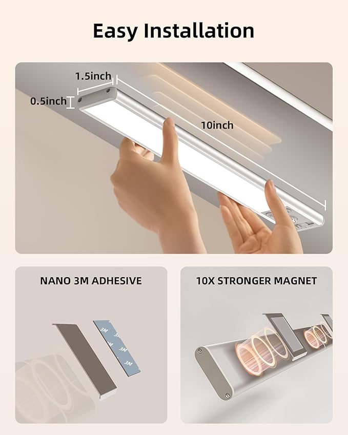 EZVALO 10inch Under Cabinet Lighting, 2500mAh Rechargeable Motion Sensor Lights Indoor with 3 Color Temps, 2 Pack Magnetic Closet Light, 80 LED Dimmable Under Counter Lights for Kitchen, Shelf, Stair