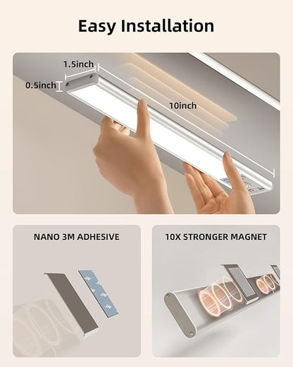 EZVALO 10inch Under Cabinet Lighting, 2500mAh Rechargeable Motion Sensor Lights Indoor with 3 Color Temps, 2 Pack Magnetic Closet Light, 80 LED Dimmable Under Counter Lights for Kitchen, Shelf, Stair