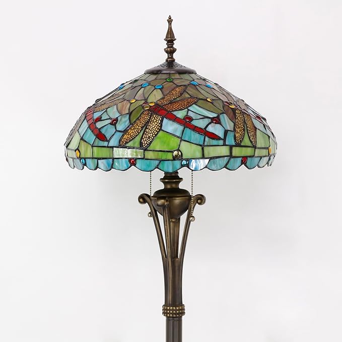Tiffany Floor Lamp Green Red Stained Glass Dragonfly Standing Reading Light 16X16X70 Inches Antique Pole Corner Lamp Decor Bedroom Office Living Room
