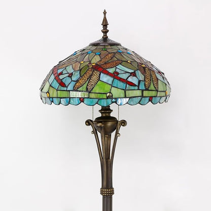 Tiffany Floor Lamp Green Red Stained Glass Dragonfly Standing Reading Light 16X16X70 Inches Antique Pole Corner Lamp Decor Bedroom Office Living Room