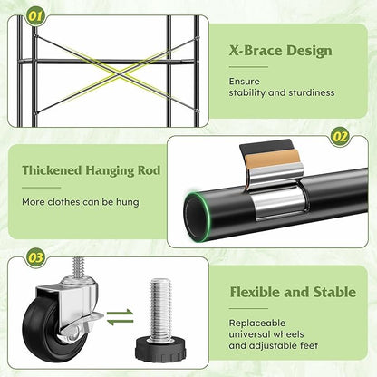 Raybee 80.32" H Clothes Rack,Rolling Clothing Racks for Hanging Clothes Heavy Duty Portable Garment Rack with Wheels 35.4" Wx15.75 Dx80.32 H,Black