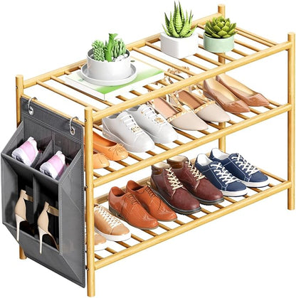 Bamboo Shoe Rack for Closet Small Wooden Shoe Organizer with Pouch, Sturdy Wood Shoe Shelf for Front Door Entrance Entryway and Outdoor, 26 inch Wide (Natural, 3-Tier)