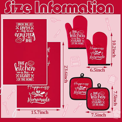 Sratte 6 Pcs Kitchen Decor Accessories Set Farmhouse Towels Pot Holders Oven Mitts Set 2 Dish Towels 2 Potholders 2 Cooking Mittens Oven Glove for Christmas Baking Cooking Supply(Red,Kitchen)