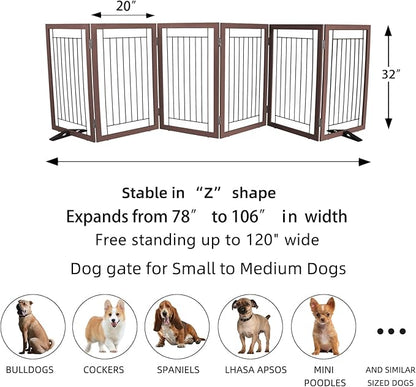 ZJSF Freestanding Dog Gate Indoor, Foldable Dog Fence for Doorways,Hallways or Stairs, Sturdy Wood Extra Wide Pet Gate with Support Feet,Brown,32 "Height-6 Panels
