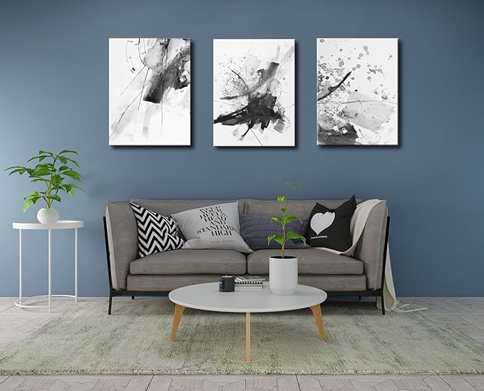 Abstract Black and White Wall Art Modern Artwork for Walls Ink Texture Painting Canvas Prints Watercolor Fluid Lines Pictures Framed Bedroom Office Living Room Bathroom Decorations 12"x16"x3