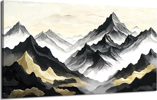 amatop Large Abstract Mountain Wall Art for Living Room Office Bedroom Modern Landscape Canvas Art Print Inspirational Artwork Horizontal Black Gold and White Nature Picture Wall Decor 48x24 Inch