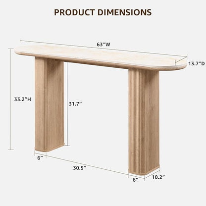 OKD 63 Inch Modern Console Table with Arc Black Marble Texture Top, Fluted Wood Base, Contemporary Entryway Sofa Table for Living Room, Hallway, Foyer, Natural Oak