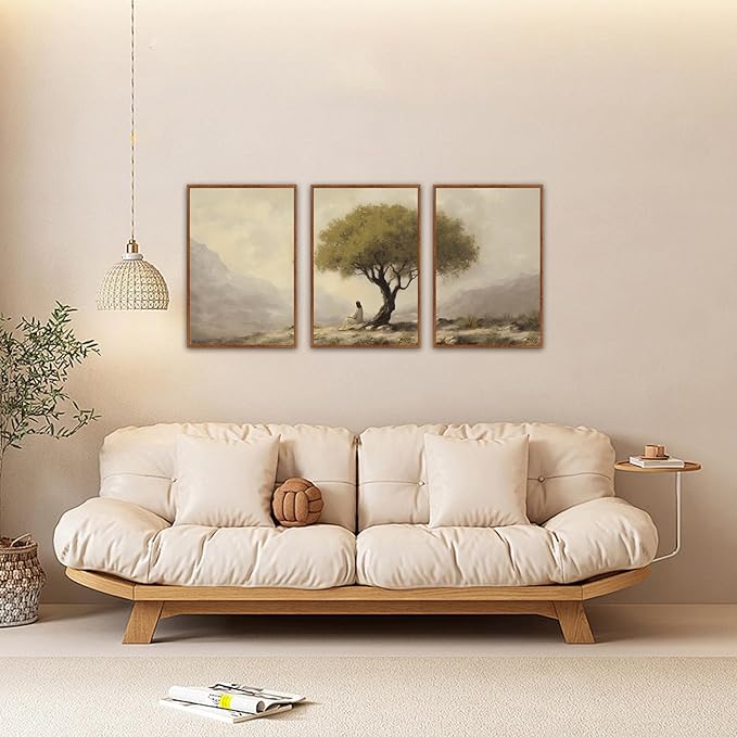 HLNIUC Jesus Framed Canvas Wall Art,Religious Christian Olive Poster,Vintage Mountain Natural Landscape Painting,Christian God Bible Story Canvas Art Print for Living Room Bedroom Church-16 x24 x3