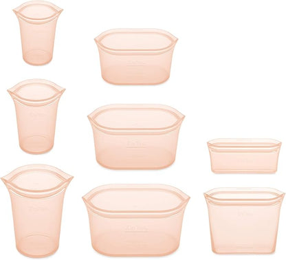 Zip Top Reusable Food Storage Bags | Full Set of 8 [Peach] | Silicone Meal Prep Container | Microwave, Dishwasher and Freezer Safe | Made in the USA