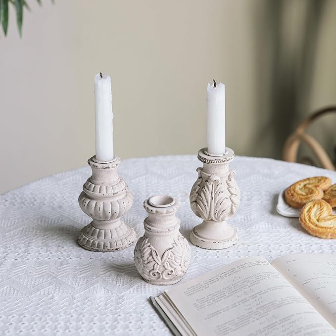 NIKKY HOME Taper Candle Holders Set of 3, Vintage Candle Stand Decorative Resin Candlestick for Wedding Party Mantle Fireplace Dining Room Table Centerpieces Decor