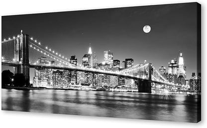 Baisuart-Q30398 Brooklyn Bridge Night View 1 Panels Landscape Artwork Canvas Prints Moon Night New York City Scene Picture Paintings Black and white Wall Art for Oiffce Home Decorations Wall Decor